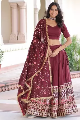 Designer Vichitra Silk With Heavy Sequins & Thread Embroidered work Wedding Lehenga Choli