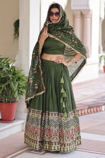 Designer Vichitra Silk With Heavy Sequins & Thread Embroidered work Wedding Lehenga Choli