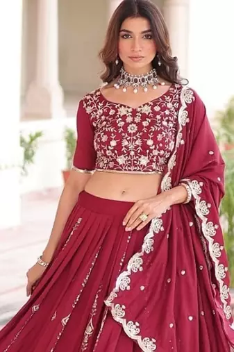 Maroon Vichitra Silk With Heavy Sequins & Thread Embroidered work Wedding Lehenga Choli