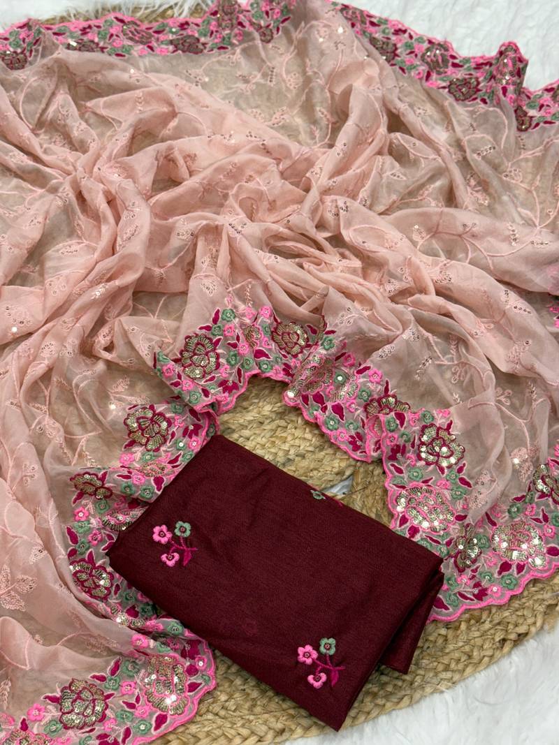 Pink Color Party Wear Soft Organza Saree