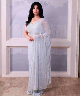 Blue embroidered georgette saree 1