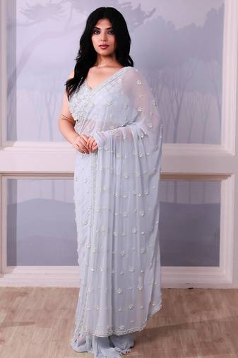 Blue embroidered georgette saree