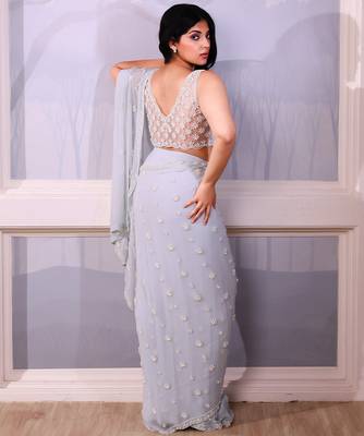 Blue embroidered georgette saree 3