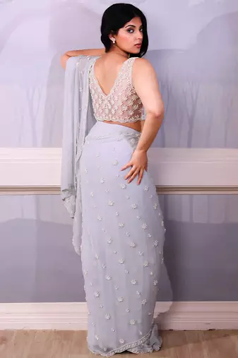 Blue embroidered georgette saree