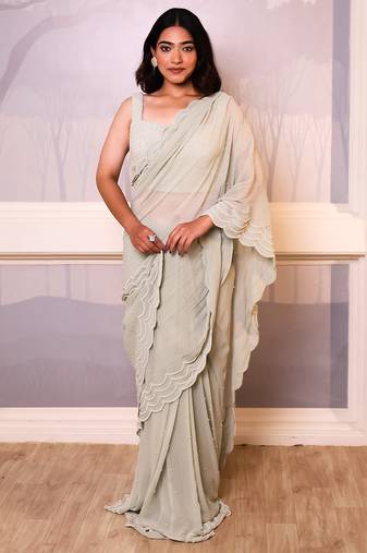 Green embroidered georgette saree