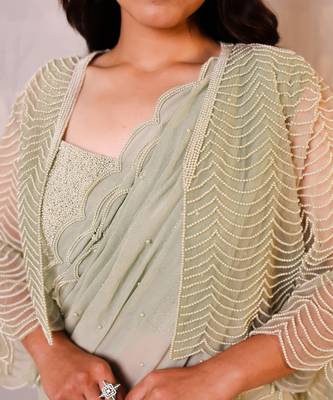 Green embroidered georgette saree 3