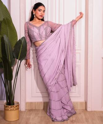 Lavender Embroidered net saree 1
