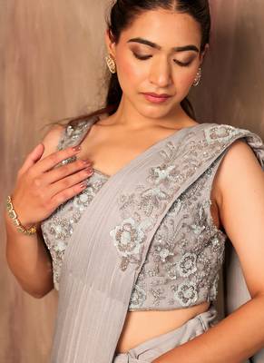 Grey embroidered lycra saree 3