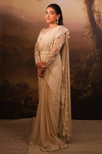 Ivory embroidered net saree