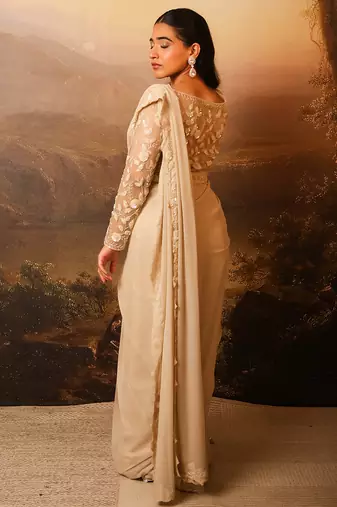 Ivory embroidered net saree