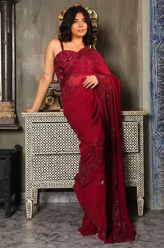 Pink embroidered georgette saree