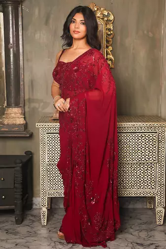 Pink embroidered georgette saree