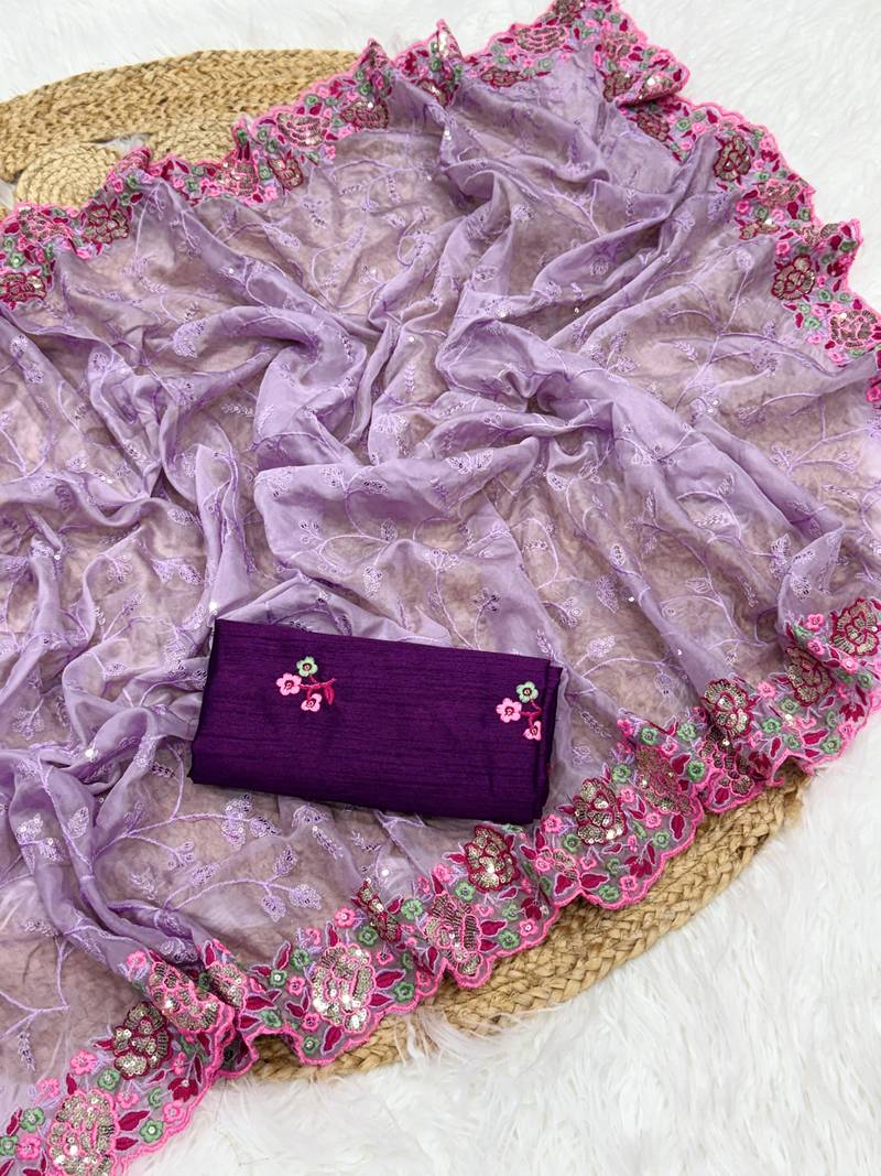 Lavnder Color Party Wear Soft Organza Saree