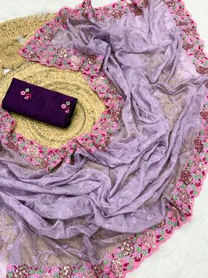 Lavnder Color Party Wear Soft Organza Saree 2
