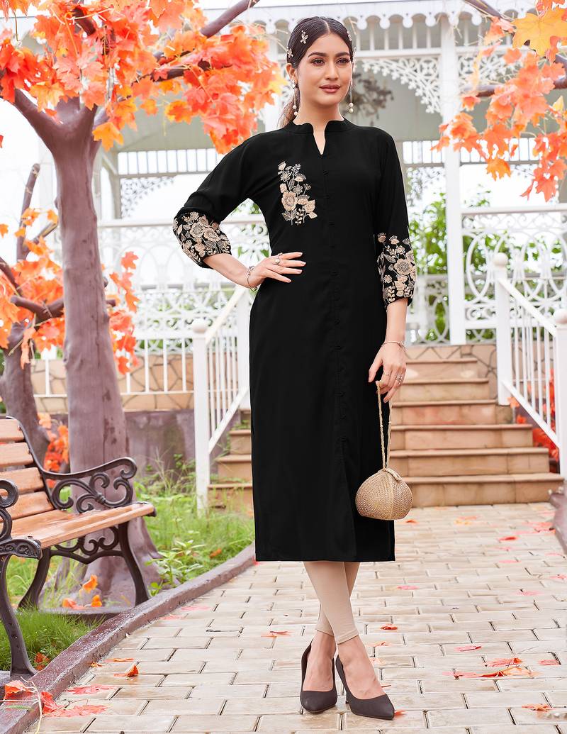 Women Embroidered & Rayon Straight Kurti