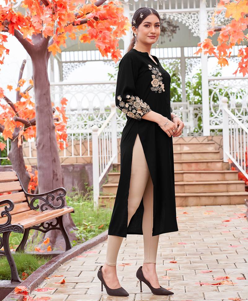 Women Embroidered & Rayon Straight Kurti