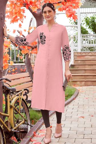 Women Embroidered & Rayon Straight Kurti