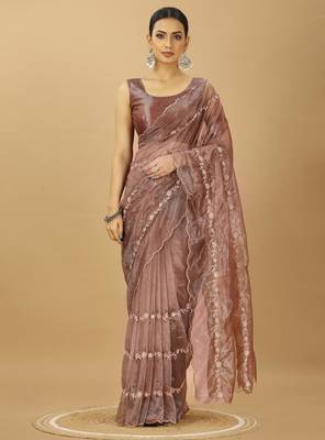 beige twill net embroidered saree with matching blouse piece 1