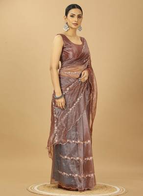 beige twill net embroidered saree with matching blouse piece 2