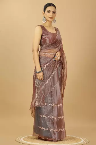 beige twill net embroidered saree with matching blouse piece