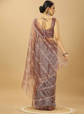 beige twill net embroidered saree with matching blouse piece 3