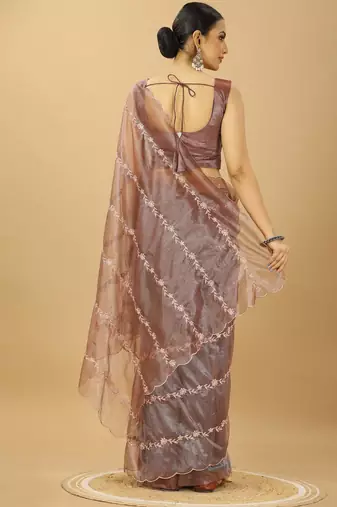 beige twill net embroidered saree with matching blouse piece