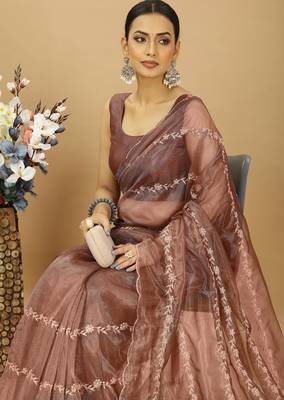beige twill net embroidered saree with matching blouse piece 4