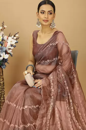 beige twill net embroidered saree with matching blouse piece