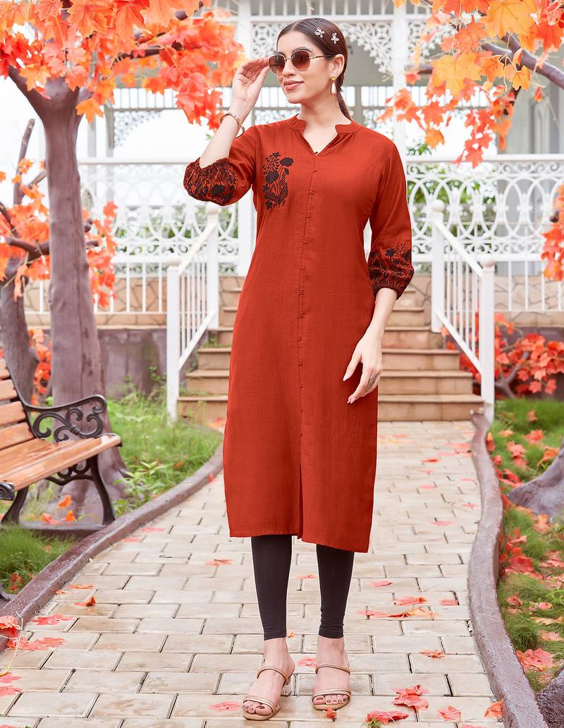 Women Embroidered & Rayon Straight Kurti