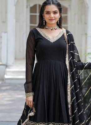 Faux Blooming Sequins Embroidered Gown with Dupatta     Black | 56" Length 1