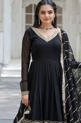 Faux Blooming Sequins Embroidered Gown with Dupatta     Black | 56" Length