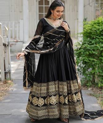 Faux Blooming Sequins Embroidered Gown with Dupatta     Black | 56" Length 2