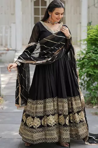 Faux Blooming Sequins Embroidered Gown with Dupatta     Black | 56" Length