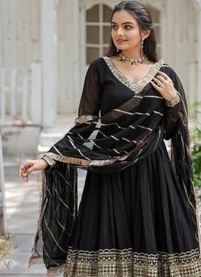 Faux Blooming Sequins Embroidered Gown with Dupatta     Black | 56" Length 3