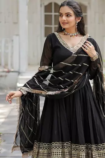 Faux Blooming Sequins Embroidered Gown with Dupatta     Black | 56" Length