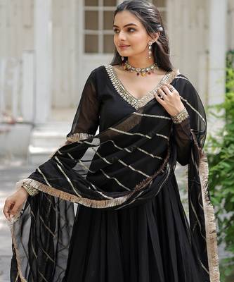 Faux Blooming Sequins Embroidered Gown with Dupatta     Black | 56" Length 4