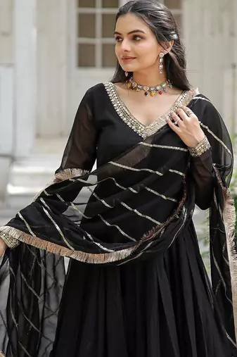 Faux Blooming Sequins Embroidered Gown with Dupatta     Black | 56" Length