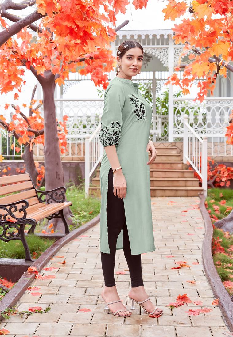 Women Embroidered & Rayon Straight Kurti