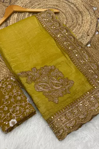 golden color embroidered glass tissue fabric saree