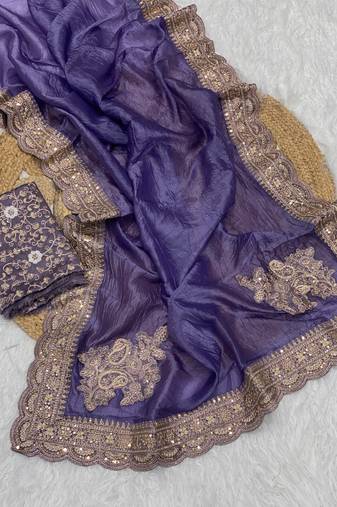 Purple Color Embroidered Glass Tissue Fabric Saree