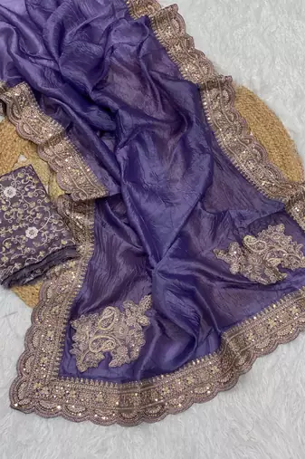Purple Color Embroidered Glass Tissue Fabric Saree