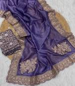 Purple Color Embroidered Glass Tissue Fabric Saree