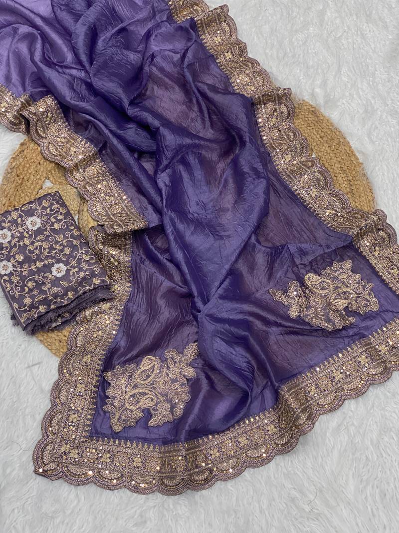 Purple Color Embroidered Glass Tissue Fabric Saree