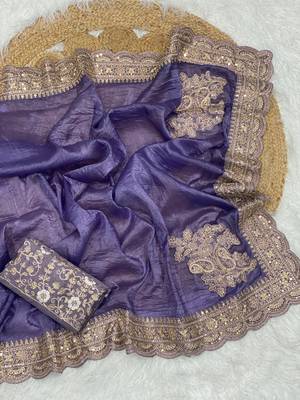 Purple Color Embroidered Glass Tissue Fabric Saree 2