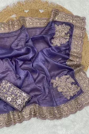Purple Color Embroidered Glass Tissue Fabric Saree