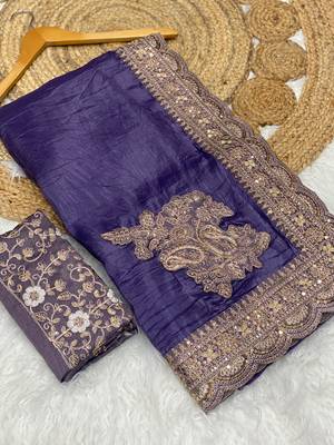 Purple Color Embroidered Glass Tissue Fabric Saree 3