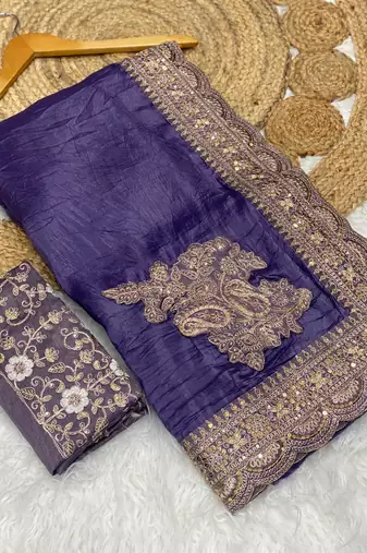 Purple Color Embroidered Glass Tissue Fabric Saree