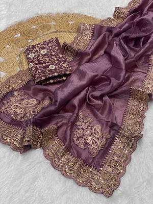 Plum Color Embroidered Glass Tissue Fabric Saree 1