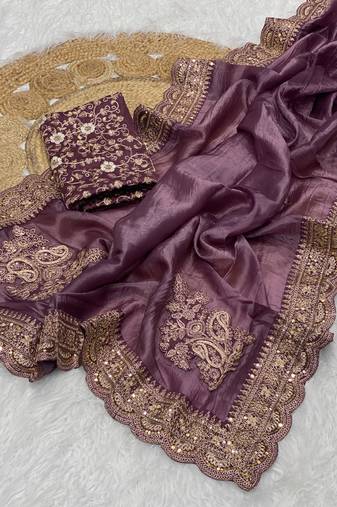 Plum Color Embroidered Glass Tissue Fabric Saree