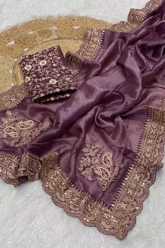 Plum Color Embroidered Glass Tissue Fabric Saree